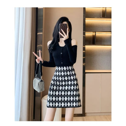 High Waist Argyle Knit Mini