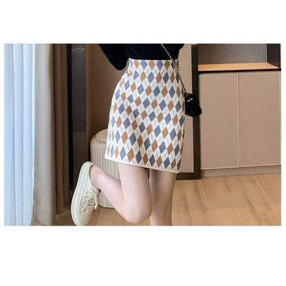 High Waist Argyle Mini