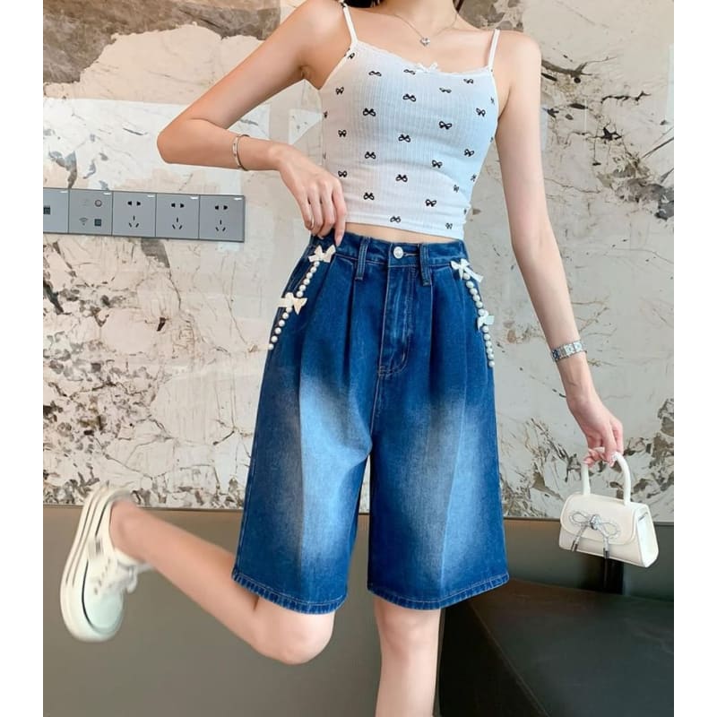 High Waist Bow Beaded Washed Denim Shorts