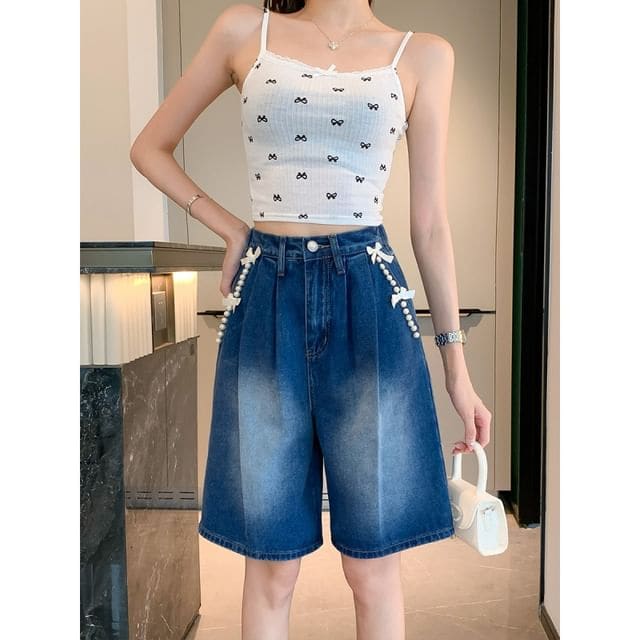 High Waist Bow Beaded Washed Denim Shorts - Dark Blue / S