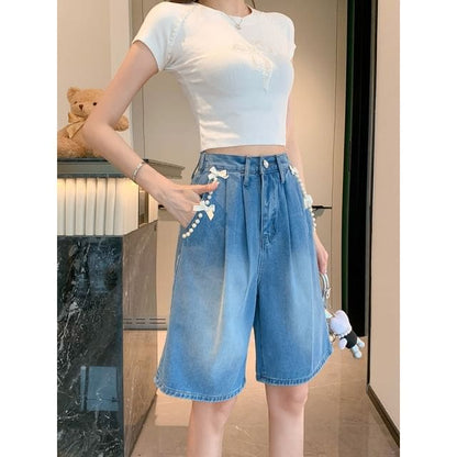 High Waist Bow Beaded Washed Denim Shorts - Light Blue / S