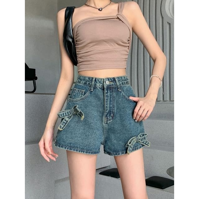 High Waist Bow Denim Shorts - Reto Blue / S