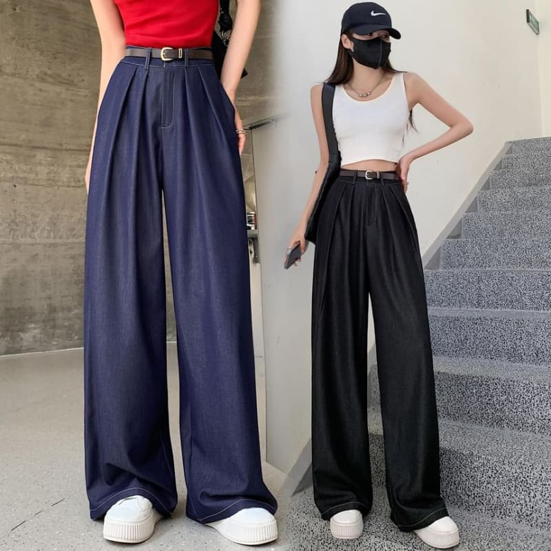 High Waist Contrast Stitched Wide Leg Jeans - Pants