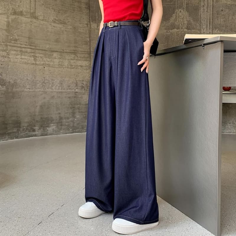 High Waist Contrast Stitched Wide Leg Jeans - Pants