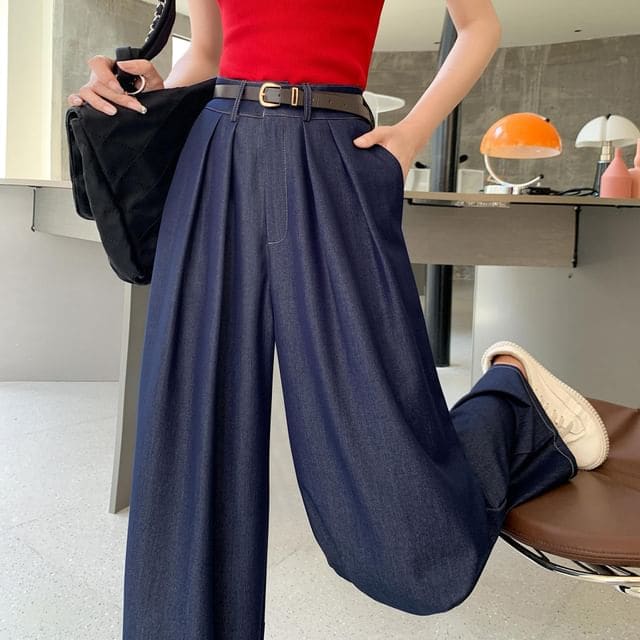 High Waist Contrast Stitched Wide Leg Jeans - Pants