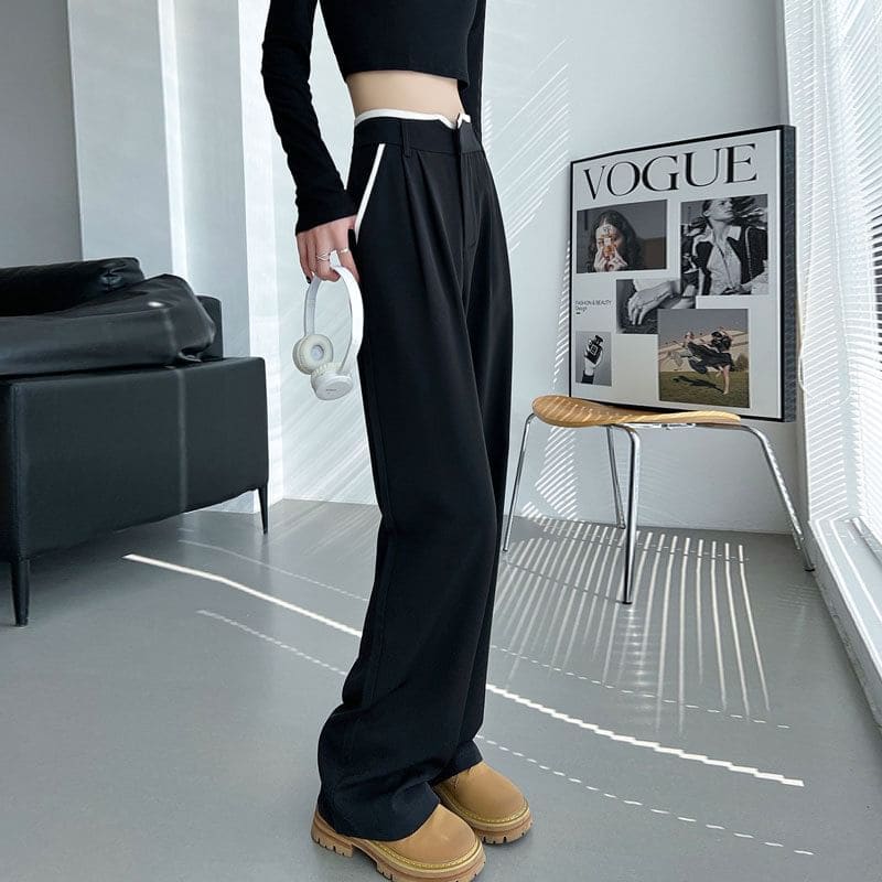 High Waist Contrast Trim Wide Leg Pants