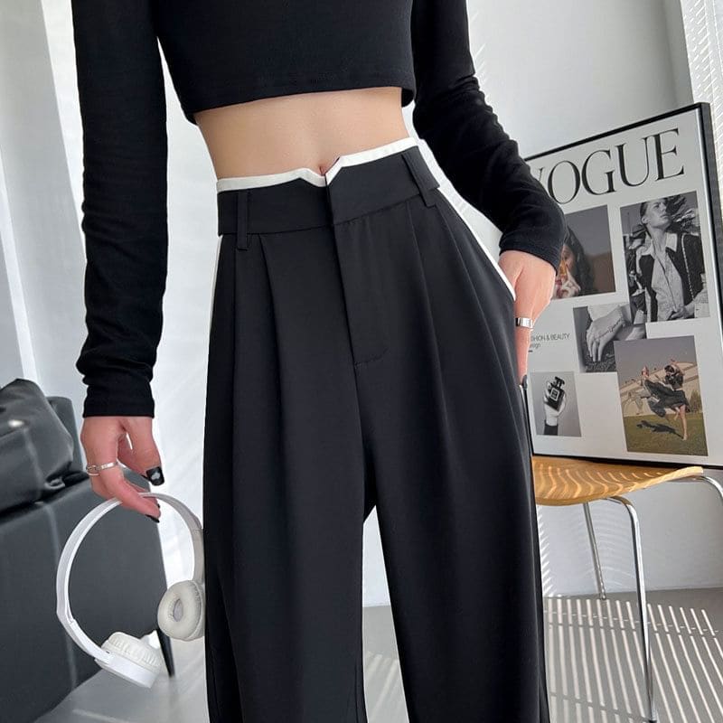 High Waist Contrast Trim Wide Leg Pants