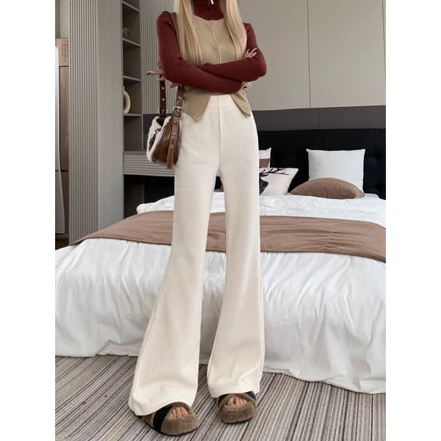 High Waist Corduroy Bootcut Pants - Almond / S