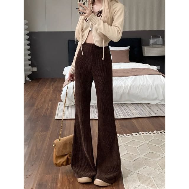 High Waist Corduroy Bootcut Pants - Coffee / S