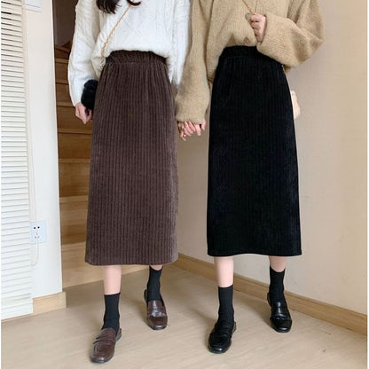 High Waist Corduroy Midi A-Line Skirt