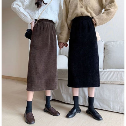 High Waist Corduroy Midi A-Line Skirt