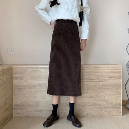 High Waist Corduroy Midi A-Line Skirt - Coffee / One Size