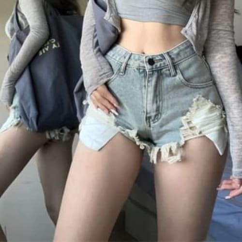 High Waist Distressed Denim Hot Pants