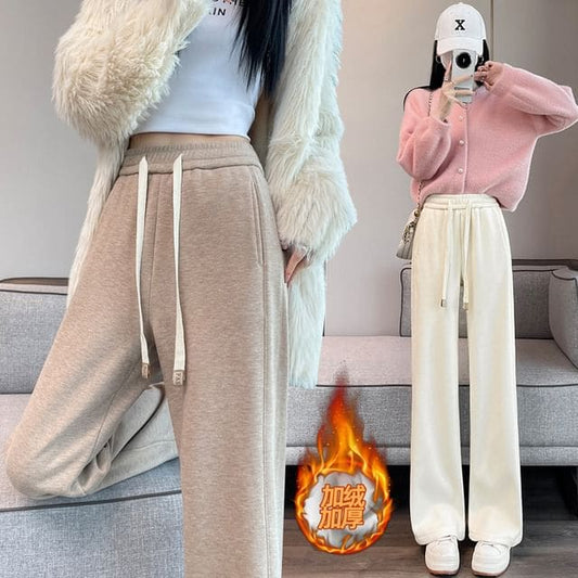 High-Waist Drawstring Fleece Straight Leg Pants