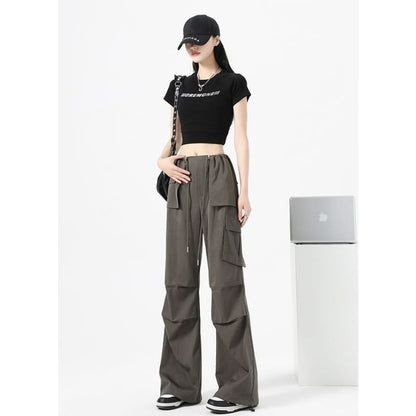 High Waist Drawstring Pocket Parachute Cargo Pants