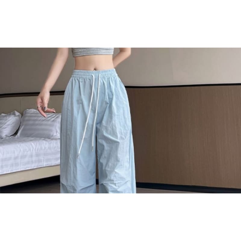 High Waist Drawstring Pocket Plain Wide Leg Gather Cuff