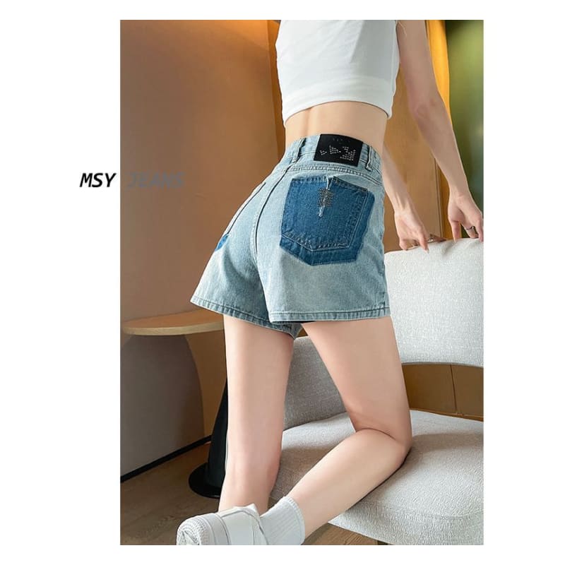 High Waist Embroidered Applique Denim Hot Pants - Pants