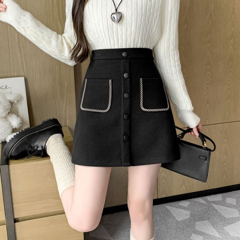 High Waist Embroidered Button Mini A-Line Skirt