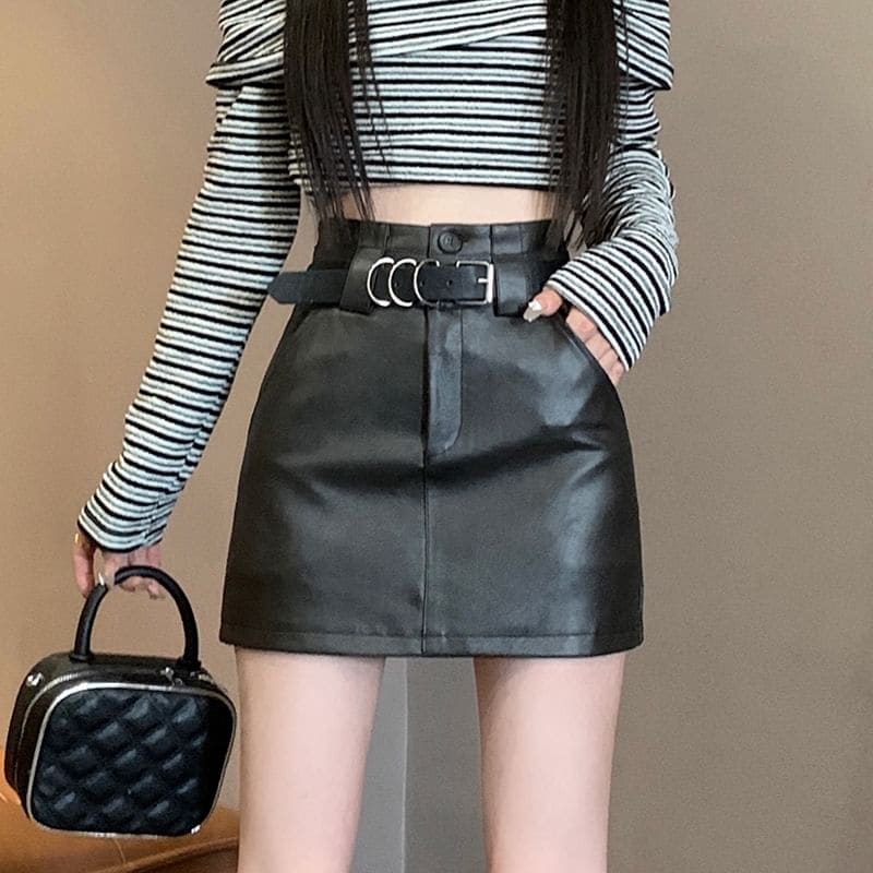 High Waist Faux Leather Mini A-Line Skirt