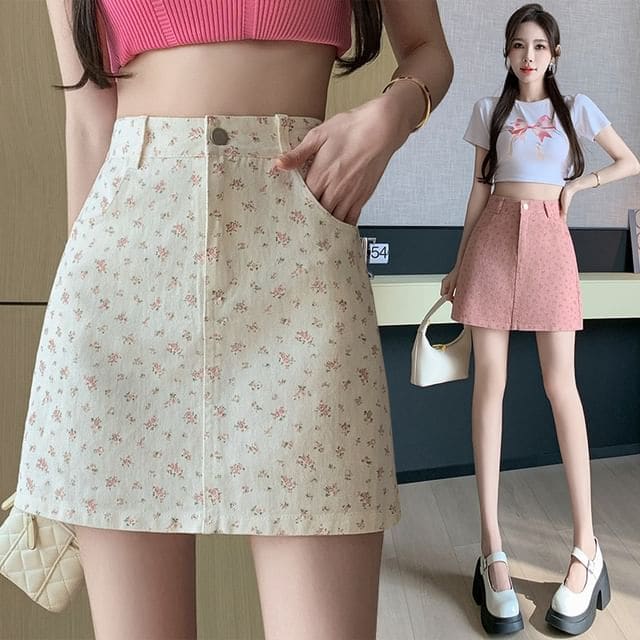 High Waist Floral Denim Mini Pencil Skirt