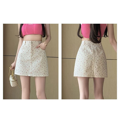 High Waist Floral Denim Mini Pencil Skirt