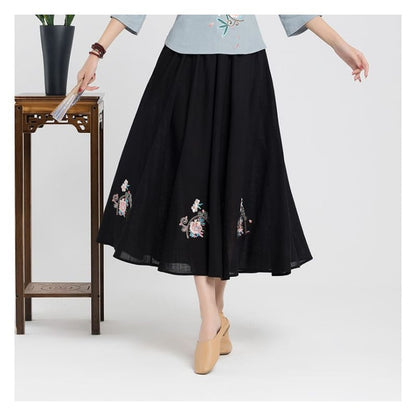 High Waist Floral Embroidered Midi