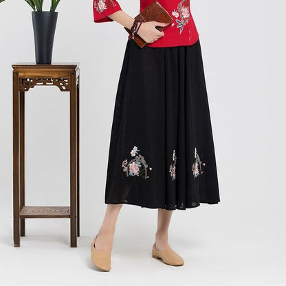 High Waist Floral Embroidered Midi