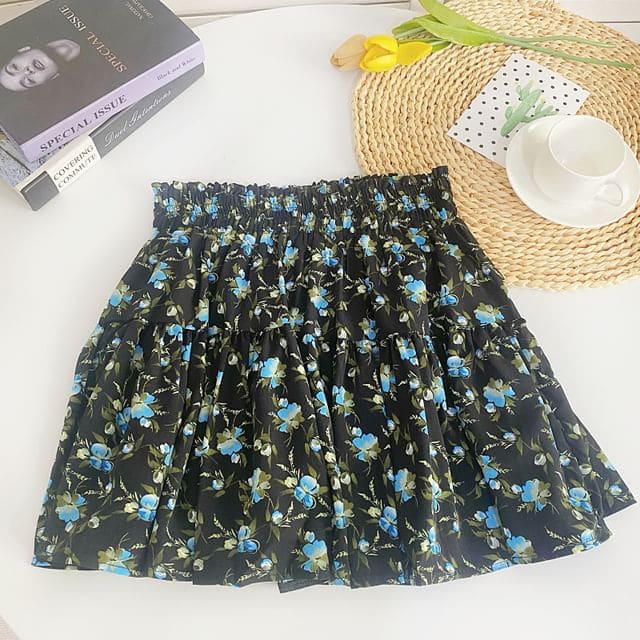 High Waist Floral Mini A-Line Skirt - Blue Floral - Black