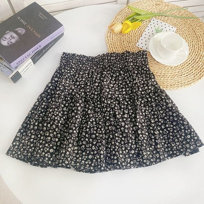 High Waist Floral Mini A-Line Skirt - Daisy - Black