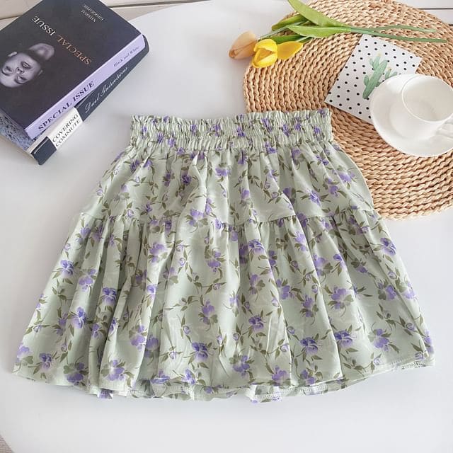 High Waist Floral Mini A-Line Skirt - Purple Floral - Light