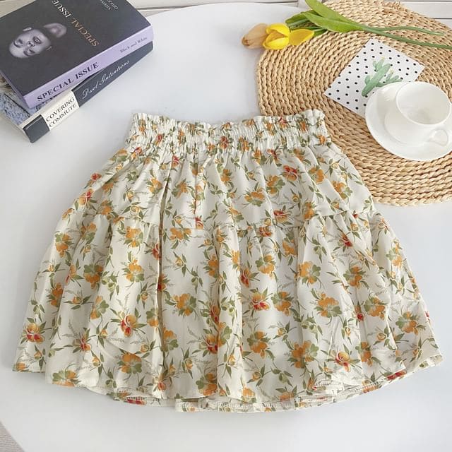 High Waist Floral Mini A-Line Skirt - Yellow Floral