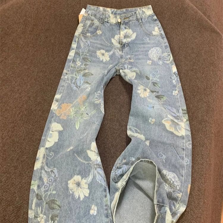 High Waist Floral Wide Leg Jeans