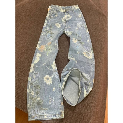 High Waist Floral Wide Leg Jeans - Orange & Green & White