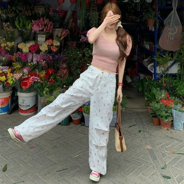 High Waist Floral Wide Leg Pants