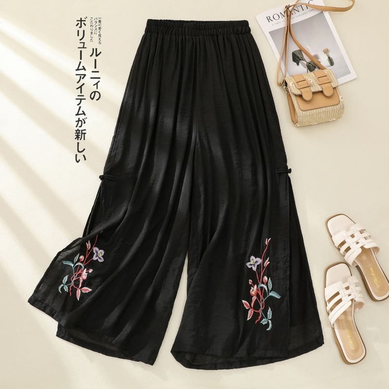 High Waist Flower Embroidered Wide Leg Pants - Pants