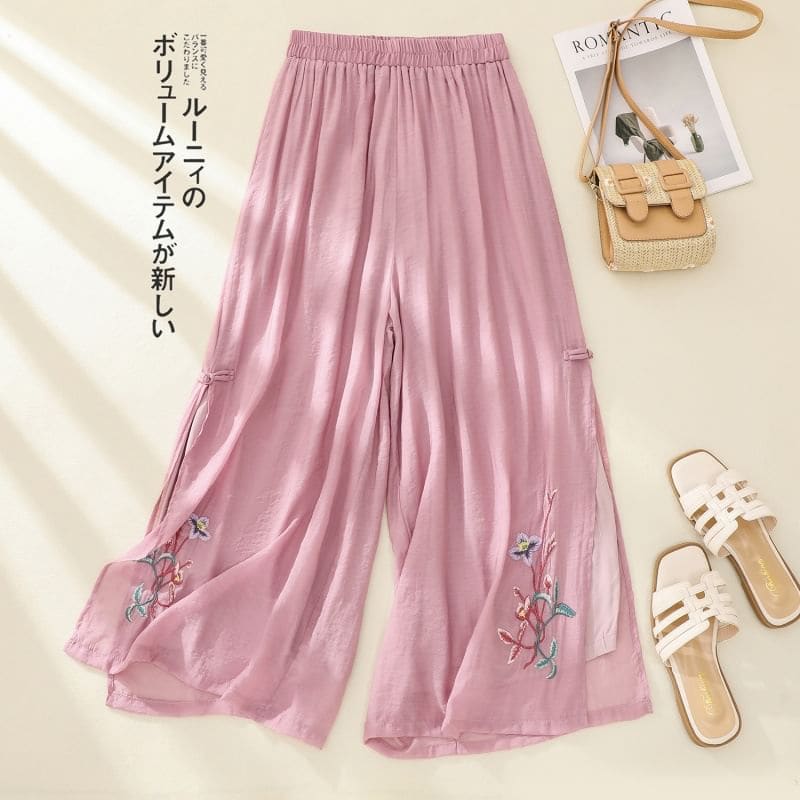 High Waist Flower Embroidered Wide Leg Pants - Pants