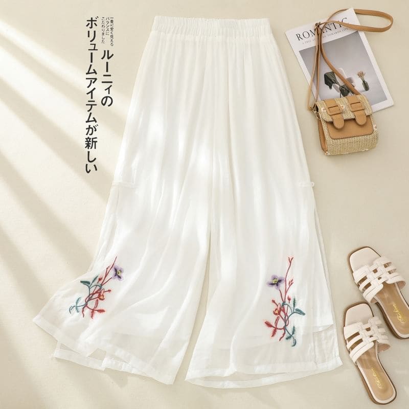 High Waist Flower Embroidered Wide Leg Pants - Pants