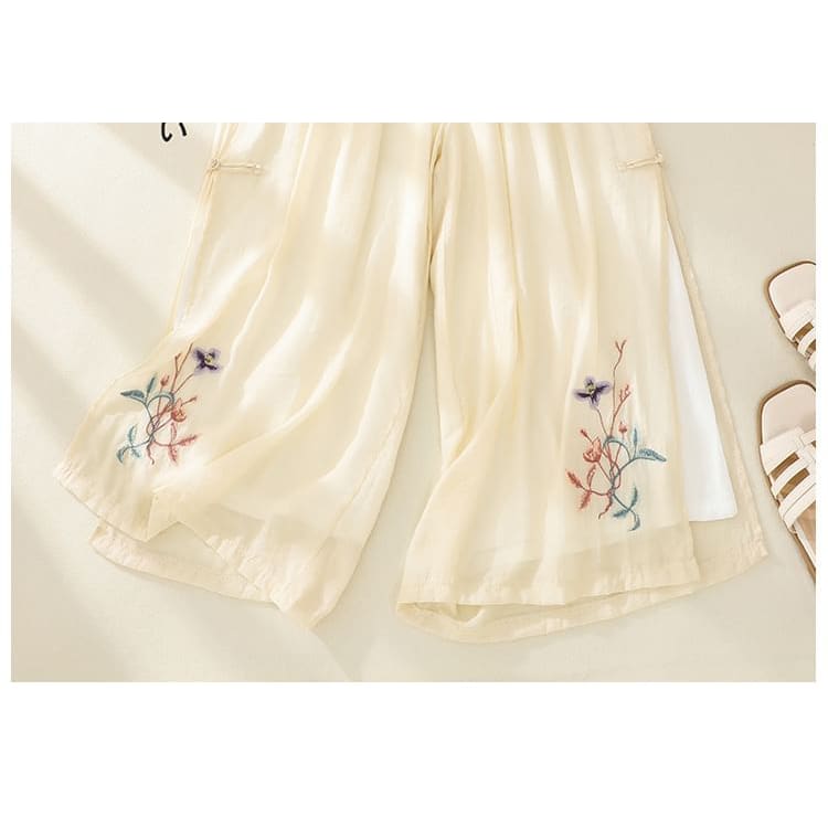 High Waist Flower Embroidered Wide Leg Pants - Pants