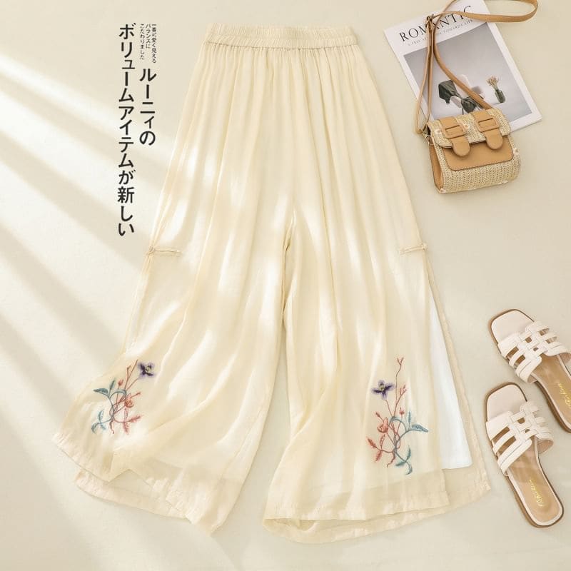 High Waist Flower Embroidered Wide Leg Pants - Pants