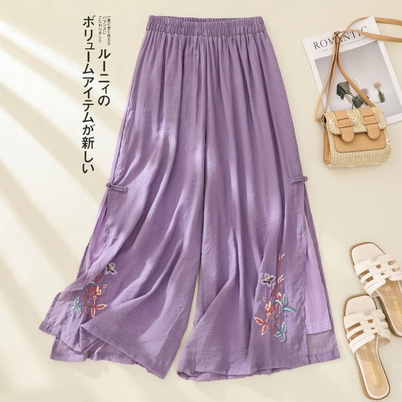 High Waist Flower Embroidered Wide Leg Pants - Pants