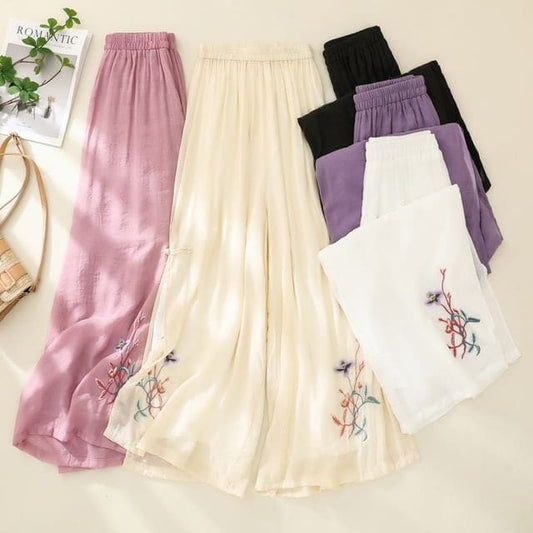 High Waist Flower Embroidered Wide Leg Pants - Pants