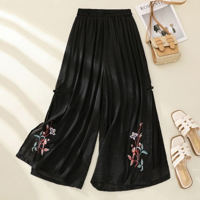 High Waist Flower Embroidered Wide Leg Pants - Black / M