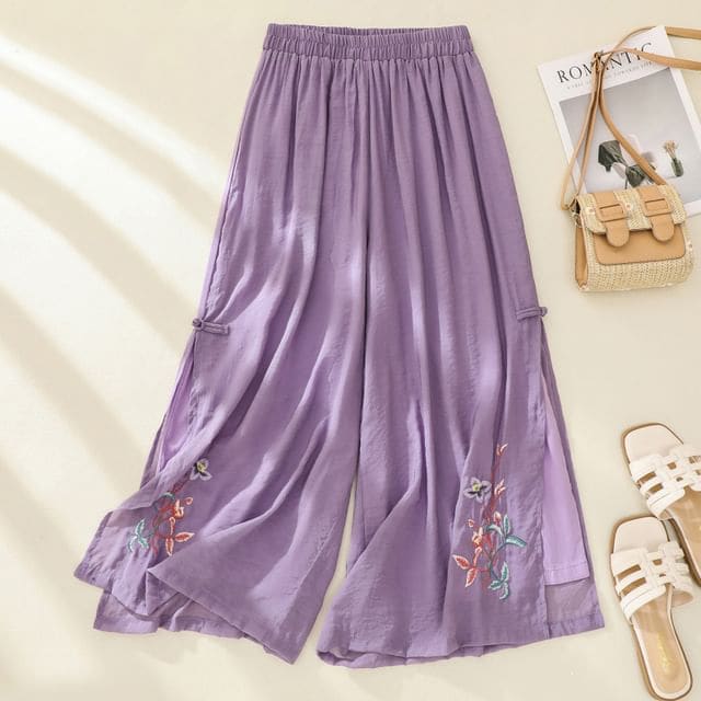 High Waist Flower Embroidered Wide Leg Pants - Purple / M