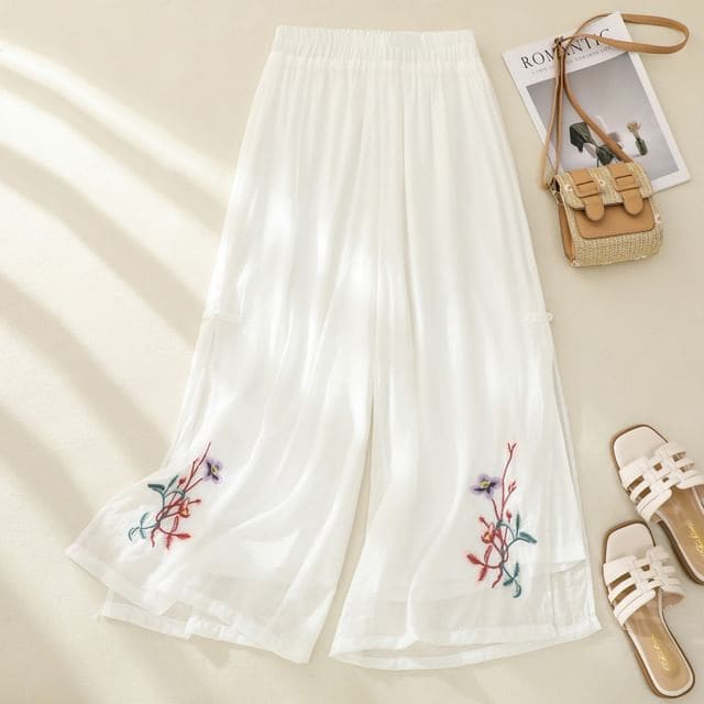 High Waist Flower Embroidered Wide Leg Pants - White / M