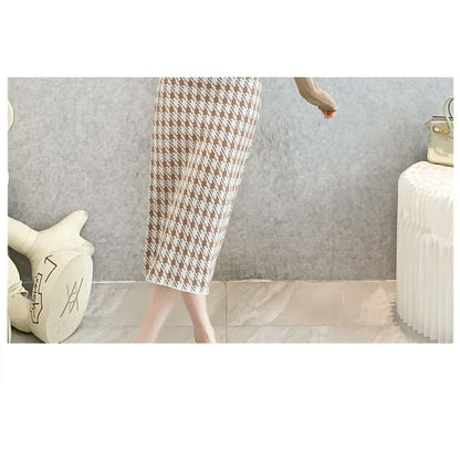 High Waist Houndstooth Midi Pencil Skirt