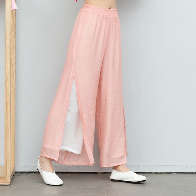 High Waist Layered Wide Leg Pants - Pink / M