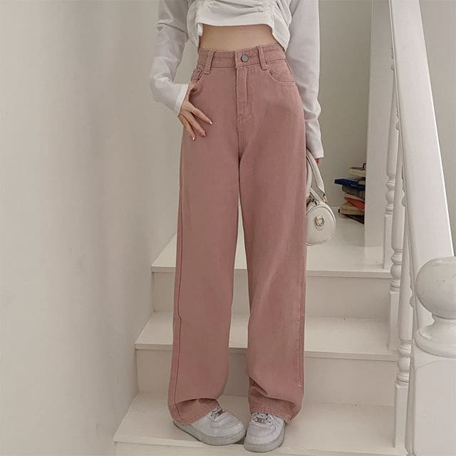 High Waist Loose Fit Jeans - Pink / S