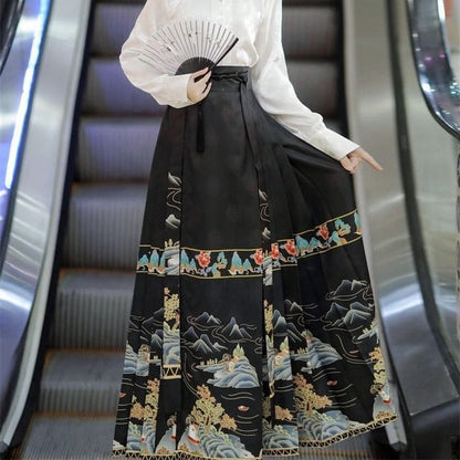 High Waist Mountain Print Maxi Ma Mian Skirt / Floral Shirt