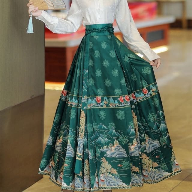 High Waist Mountain Print Maxi Ma Mian Skirt / Floral Shirt