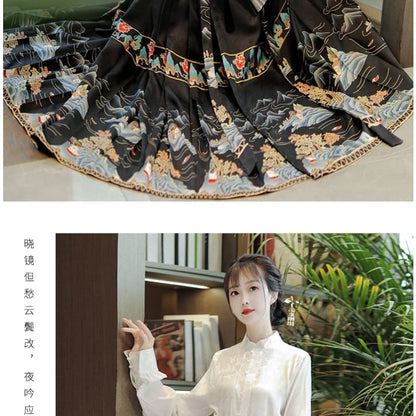 High Waist Mountain Print Maxi Ma Mian Skirt / Floral Shirt